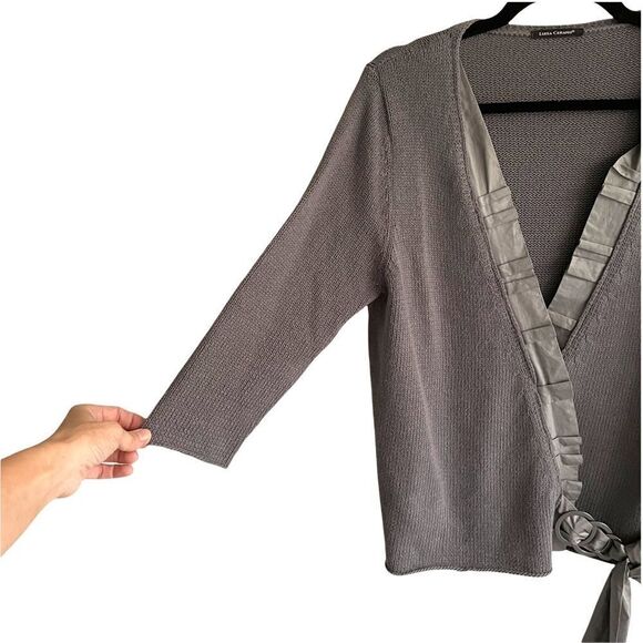 LUISA CERANO Wrap Sweater Tie Waist Cotton Grey 12 - Picture 2 of 5